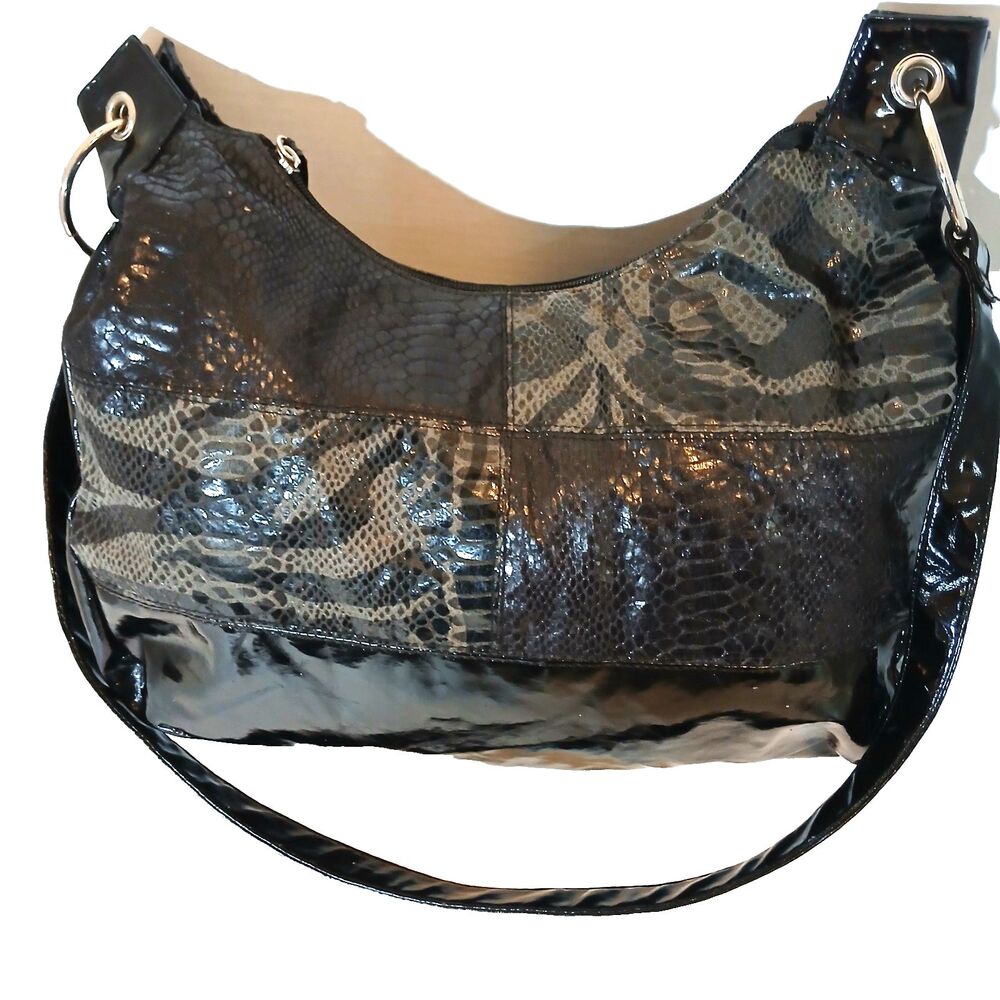 Giannini Black Tan Faux Leather Snake Skin Hobo Crossbody Shoulder Bag - Picture 3 of 12